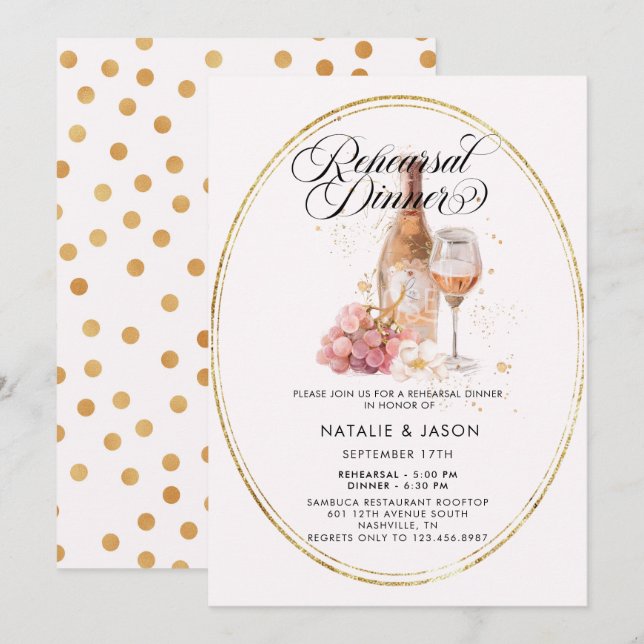 Modern Elegant Watercolor Wine Rehearsal Dinner Inbjudningar (Fram/baksida)