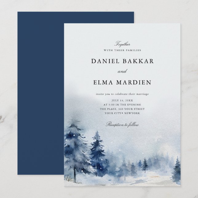 Modern Elegant Watercolor Winter wedding Inbjudningar (Fram/baksida)