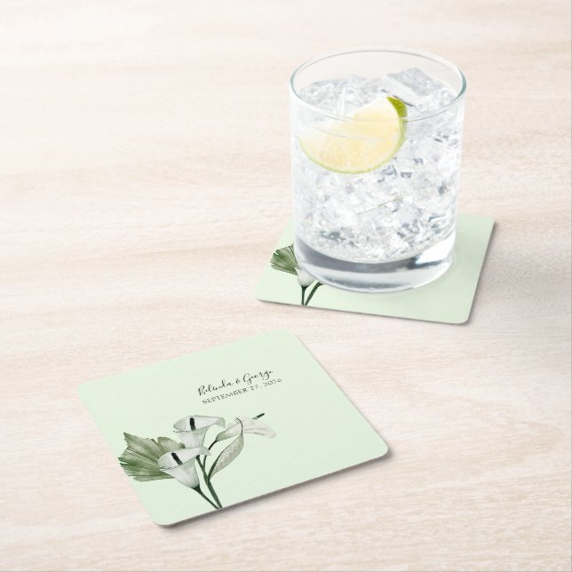 Modern Elegant White Calla Lilies Bröllop Underlägg Papper Kvadrat (Insitu)