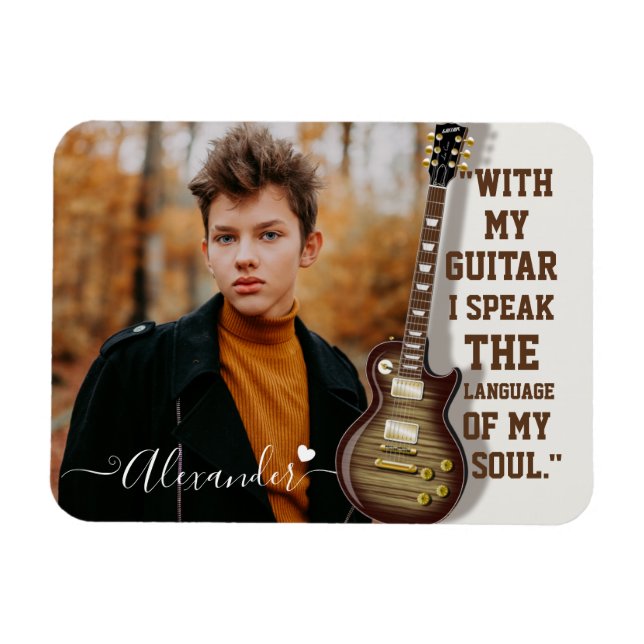 Modern Elegant White Electric Guitar Photo & Namn Magnet (Horisontell)