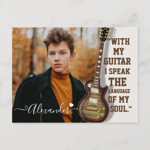 Modern Elegant White Electric Guitar Photo & Namn Vykort