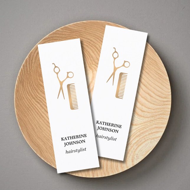 Modern Elegant White Faux Guld Scissors Comb Mini Visitkort (Skapare uppladdad)