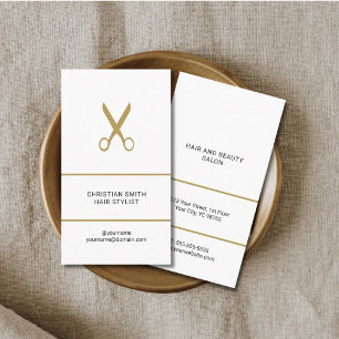 Modern Elegant White Golden Scissors Hair Stylist Visitkort