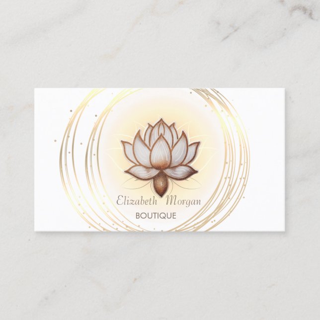 Modern Elegant White ,Guld Circles Brown Lotus Visitkort (Framsida)