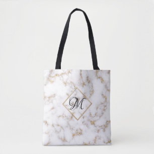 Modern Elegant White Guld Marble Monogram Tote Bag Tygkasse