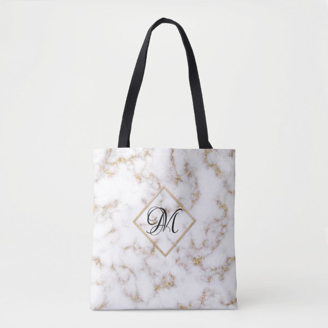 Modern Elegant White Guld Marble Monogram Tote Bag Tygkasse (Framsida)