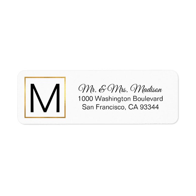 Modern Elegant White Guld Ram Monogram Initialer Returadress Etikett (Framsidan)