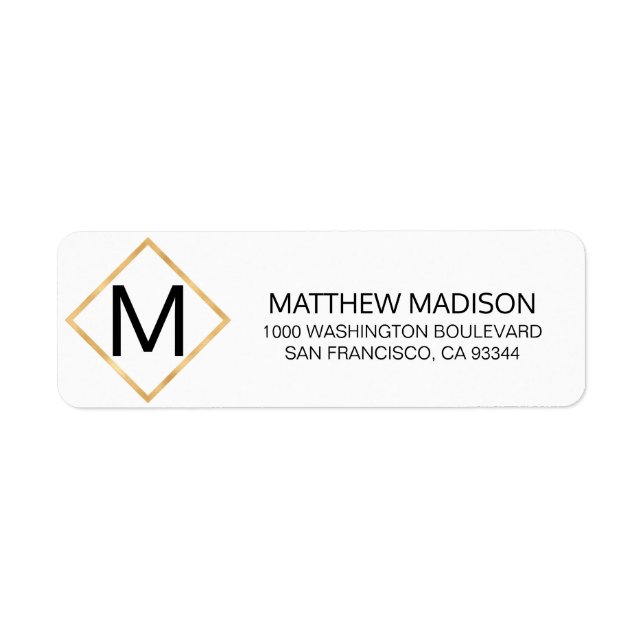 Modern Elegant White Guld Ram Monogram Initialer Returadress Etikett (Framsidan)