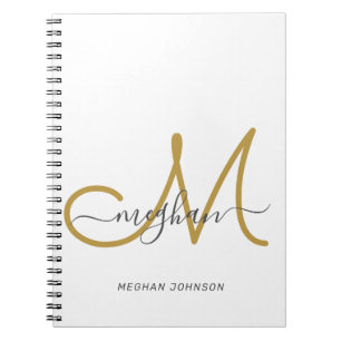 Modern Elegant White Guld White Script Monogram  Anteckningsbok