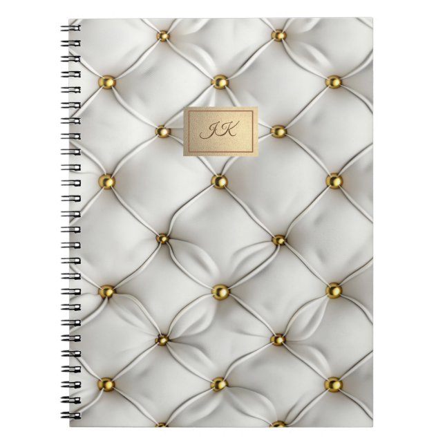 Modern Elegant White Leather Tufted Gold Anteckningsbok (Framsidan)