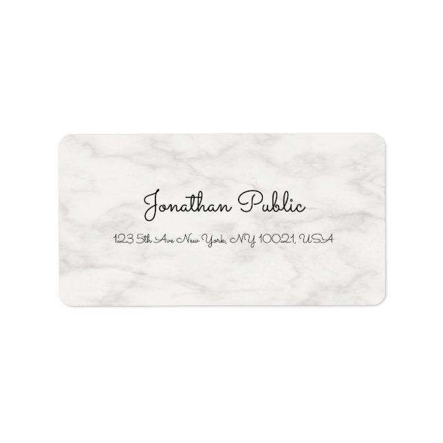 Modern Elegant White Marble Freehand Script Namn Adressetikett (Framsidan)