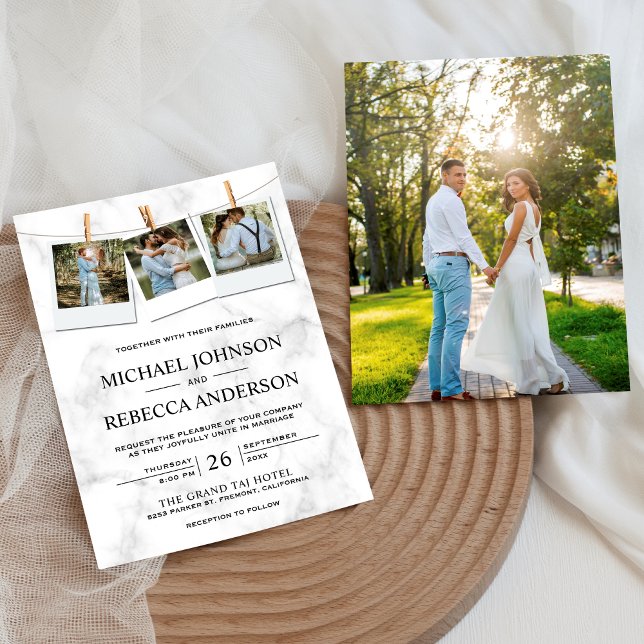 Modern Elegant White Marble Photo Collage Bröllop Inbjudningar (Skapare uppladdad)