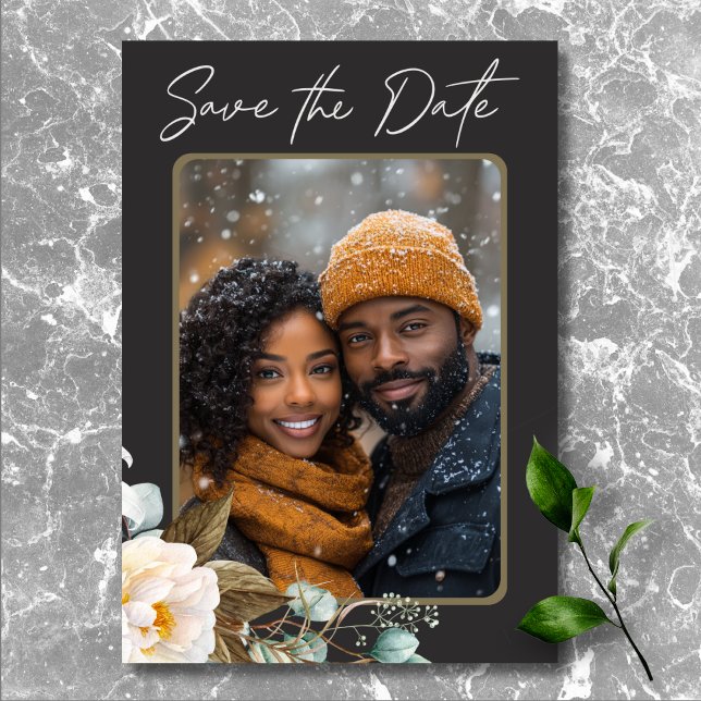 Modern Elegant White Peonies Black Bröllop Photo Spara Datumet (Modern Elegant White Peonies Black Wedding Photo Save The Date)