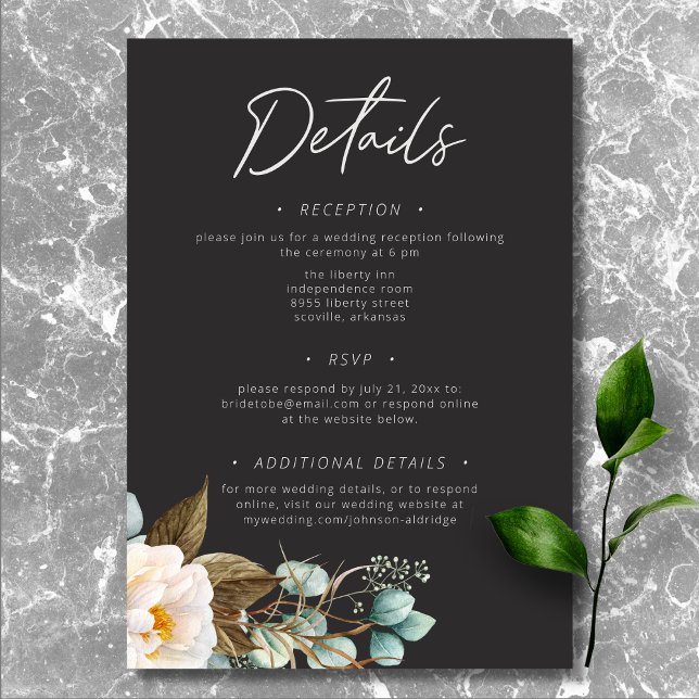Modern Elegant White Peonies Black Bröllop Tilläggskort (Modern Elegant White Peonies Black Wedding Enclosure Card)