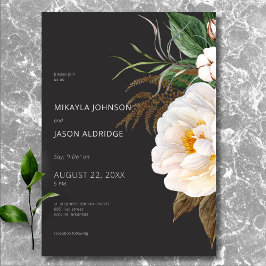 Modern Elegant White Peonies on Black Bröllop Inbjudningar