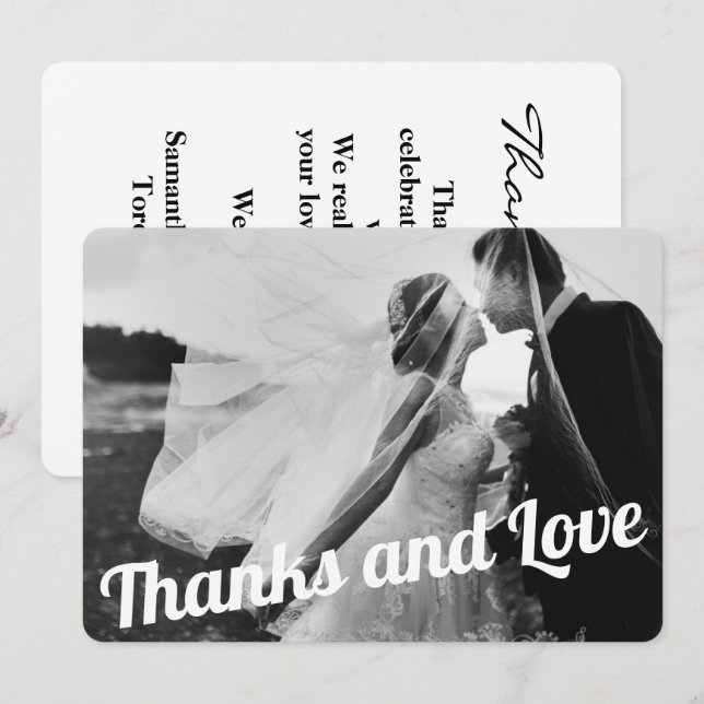 Modern Elegant White Script Bröllop Photo Tack Kort (Fram/baksida)