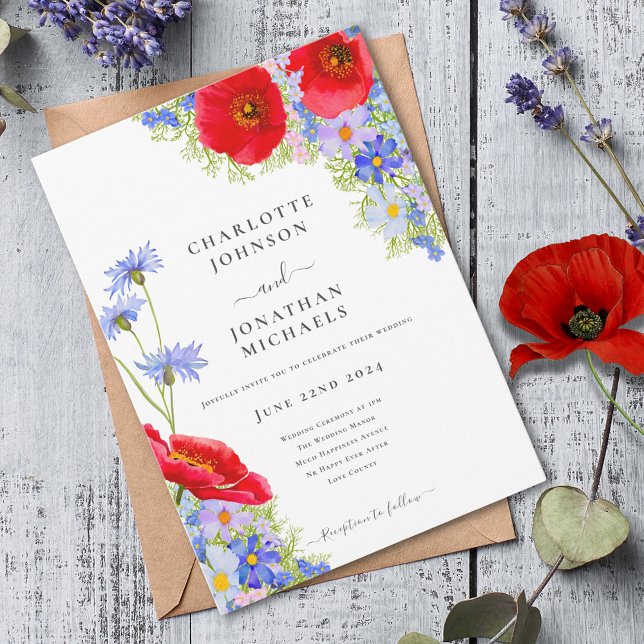 Modern Elegant Wildblomma Bröllop Inbjudningar (Modern wildflower red poppy blue cornflower watercolor wedding invitation )