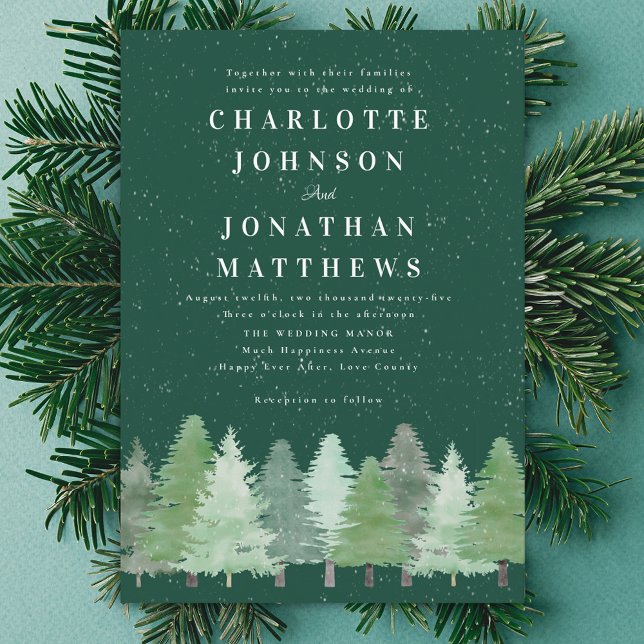 Modern Elegant Winter Woodland Grönt Bröllop Inbjudningar (Modern Winter woodland green wedding invitation Minimalist watercolor fir tree pine forest snow )