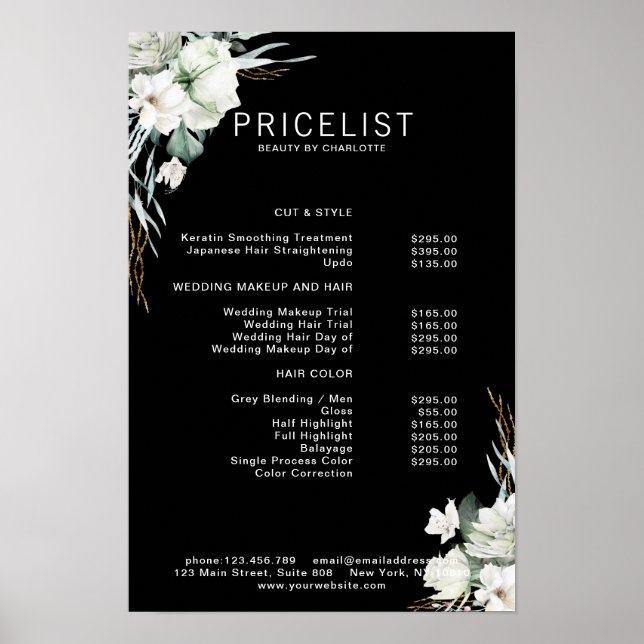 Modern, eleganta vita blommor, prislista poster (Framsidan)
