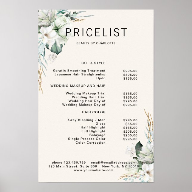 Modern, eleganta vita blommor, prislista poster (Framsidan)
