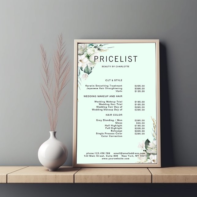 Modern, eleganta vita blommor, prislista poster (Skapare uppladdad)