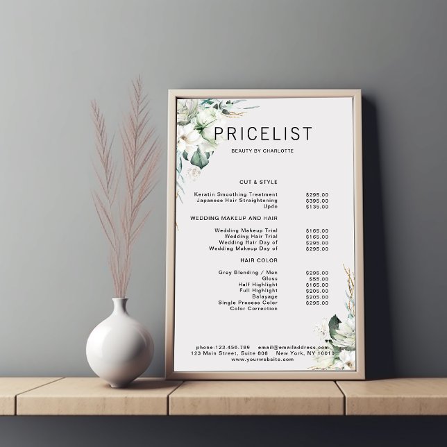 Modern, eleganta vita blommor, prislista poster (Skapare uppladdad)