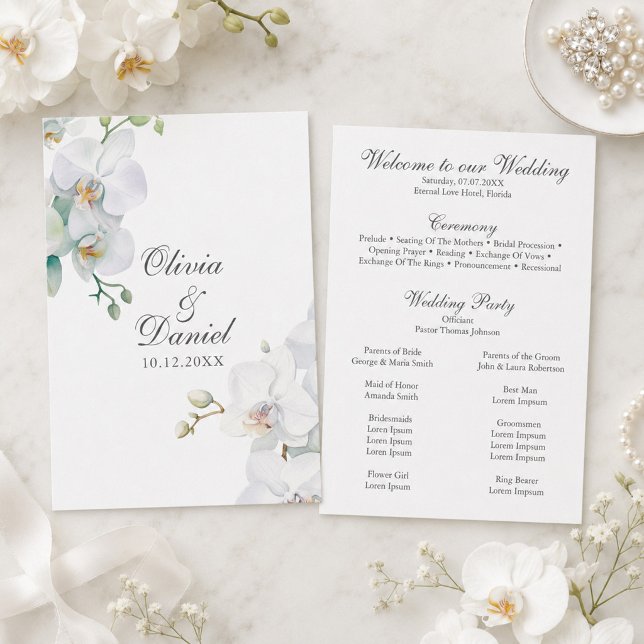 Modern Eleganta Vita Orkidéer Bröllopsprogram Program (Modern Eleganta White Orchids Wedding Program)