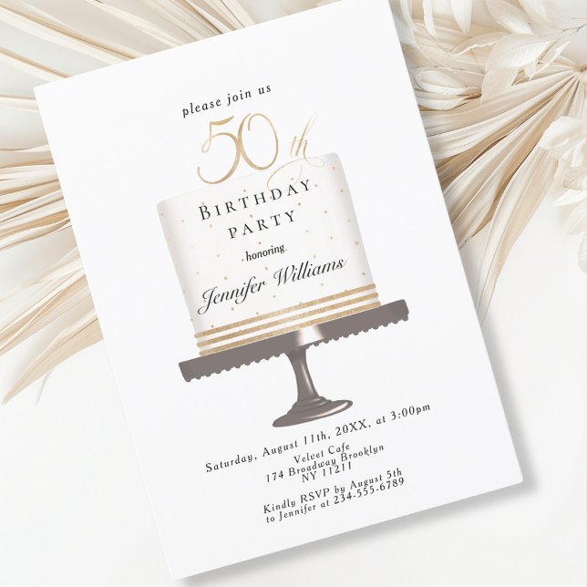 Modern, elegante  50. Geburtstag Inbjudningar (Modern, elegant, luxury, white & gold, 50. birthday invitation with cake illustration.)