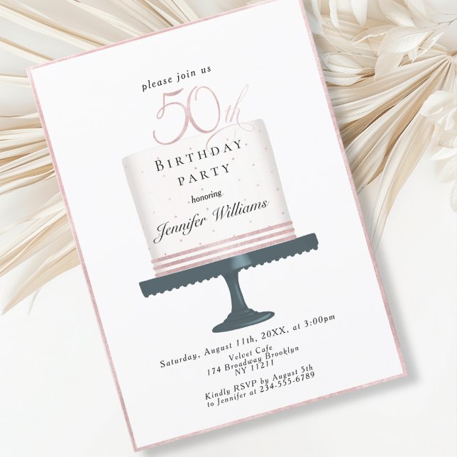 Modern, elegante  50. Geburtstag Inbjudningar (Modern, elegant, luxury, white & pink, 50. birthday invitation with cake illustration.)