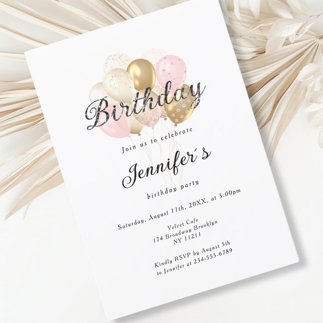 Modern, elegante Luftballon Inbjudningar (Modern, elegant, balloon, white-gold-pink invitation)