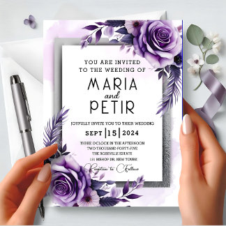 Modern, Elegantens Lila och Silver Blommigten Bröl Inbjudningar