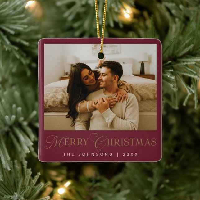 Modern Elegent Typography Red Christmas Photo Julgransprydnad Keramik (Träd)