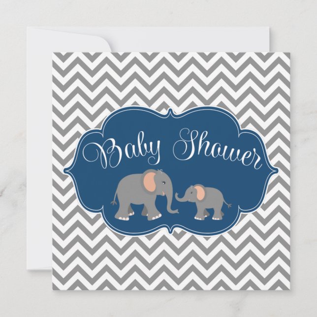 Modern Elephant Chevron Navy Blue Grått Baby Showe Inbjudningar (Framsida)
