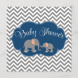 Modern Elephant Chevron Navy Blue Grått Baby Showe Inbjudningar