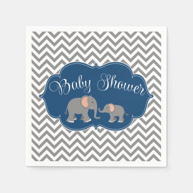 Modern Elephant Chevron Navy Blue Grått Baby Showe Pappersservett (Framsidan)