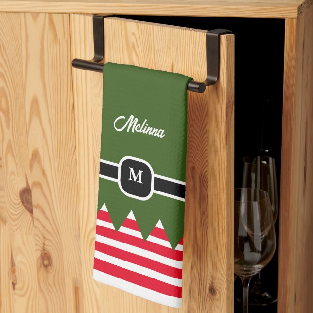 Modern Elf Tallrik Grön Jul Monogram Kökshandduk (Thirds Fold)