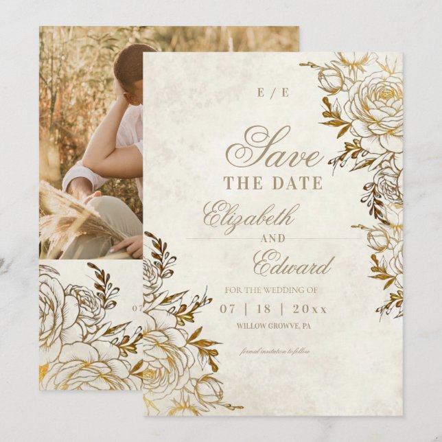 Modern Elfenben & Guld ⎮Rose Elegant Bröllop Spara Datumet (Fram/baksida)