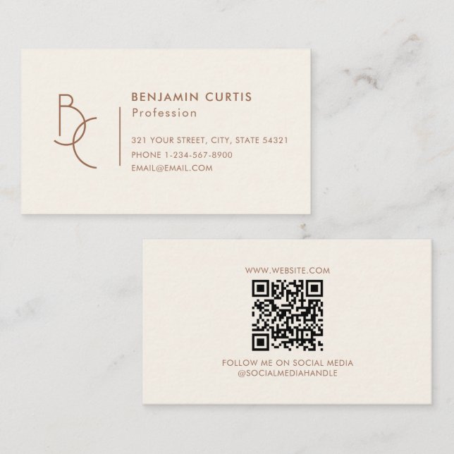 Modern Elfenbensbrun Monogram Minimalist QR-kod Visitkort (Fram/baksida)