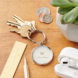 Modern Elfenbensguld Minimalistisk Monogram Rund Silverfärgad Nyckelring
