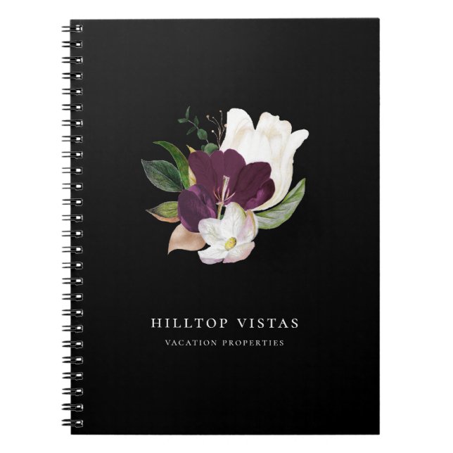 Modern elfenbensvit lila blomsterbukett svart anteckningsbok (Framsidan)