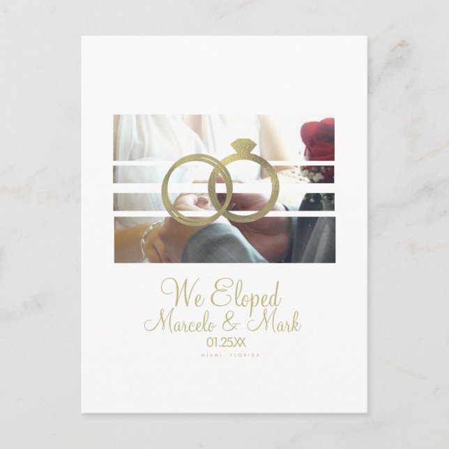Modern Elopement Fotoblind Falsk Guld Ring Vykort (Framsida)