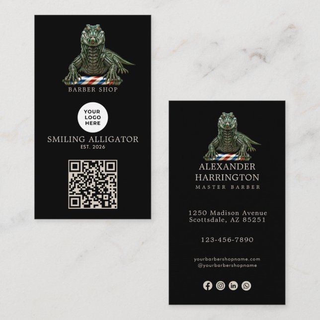 Modern Emerald Alligator Barber Shoppe Logotyp Qr- Visitkort (Fram/baksida)