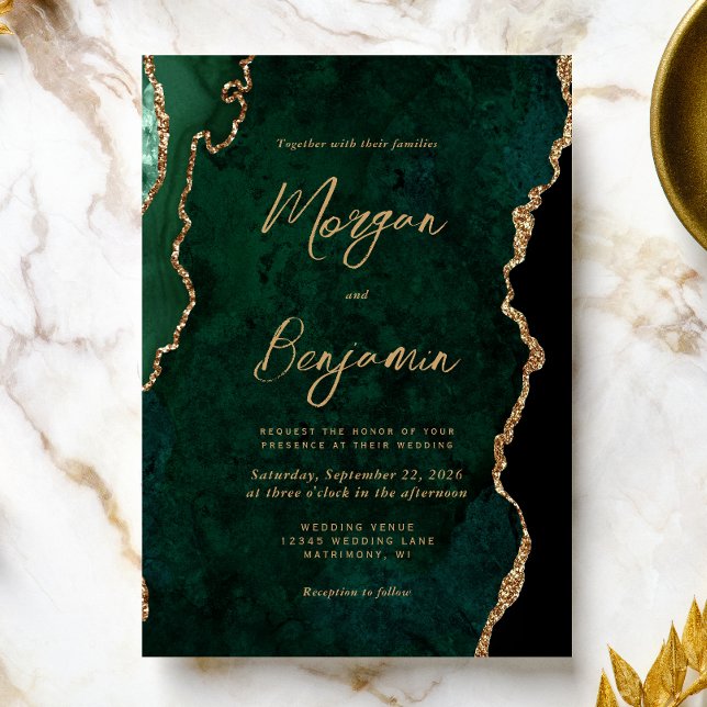 Modern Emerald Grönt Agate Script Bröllop Inbjudningar (An ideal choice for an emerald green and gold themed wedding.)