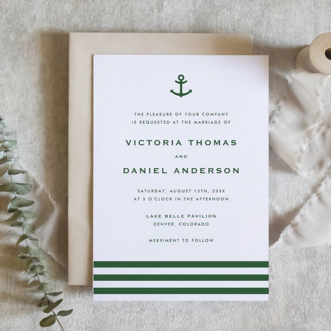 Modern Emerald Grönt Anchor Nautical Bröllop Inbjudningar (Modern Emerald Green Anchor Nautical Wedding Invitation)