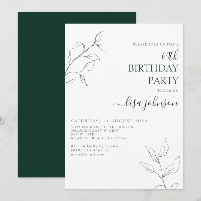 Modern Emerald Grönt Botanical 60:e födelsedagen Inbjudningar (Fram/baksida)