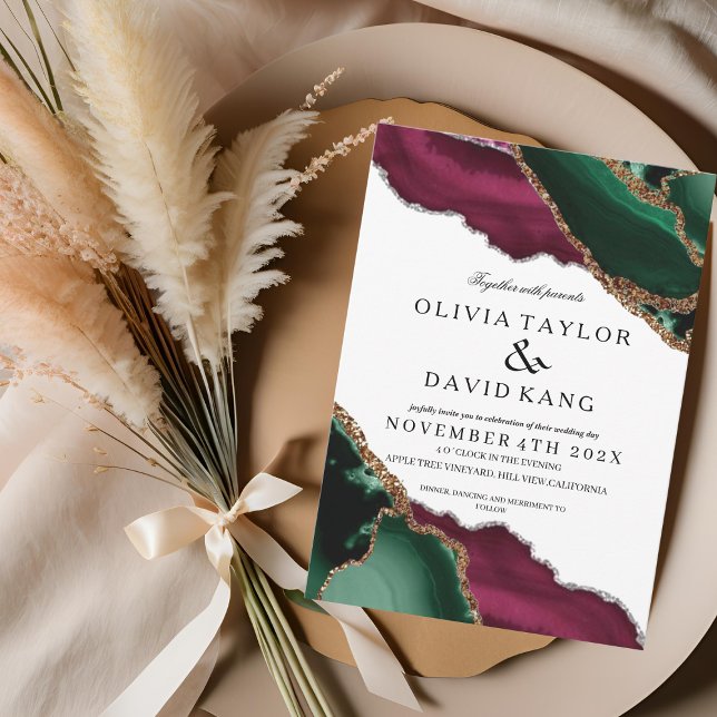 Modern Emerald Grönt Burgundy Agate Bröllop Inbjudningar (Skapare uppladdad)