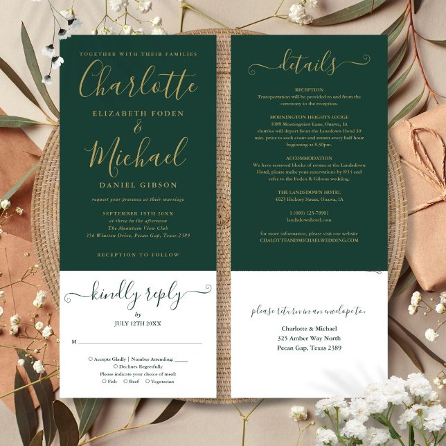 Modern Emerald Grönt Elegant Guld-skript Inbjudningar (Modern Emerald Green Elegant Gold Script Invitation)