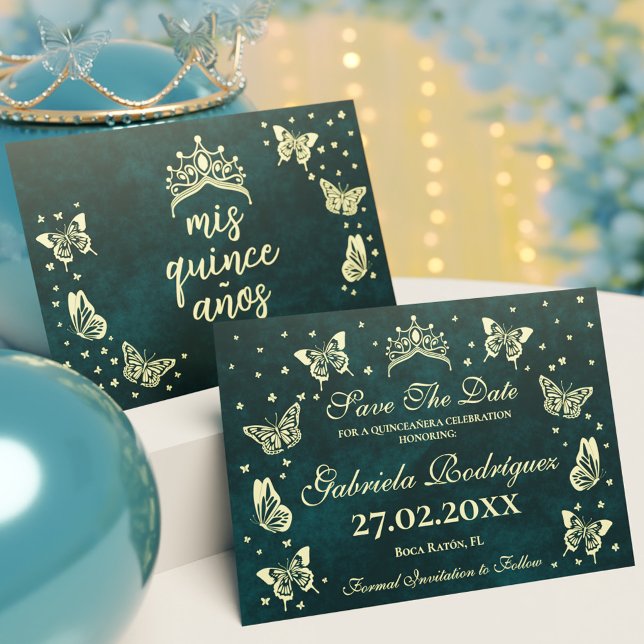 Modern Emerald Grönt Guld 15 år gammal Quinceañera Spara Datumet (Modern Emerald Green Gold 15 Years Old Quinceañera Save The Date)