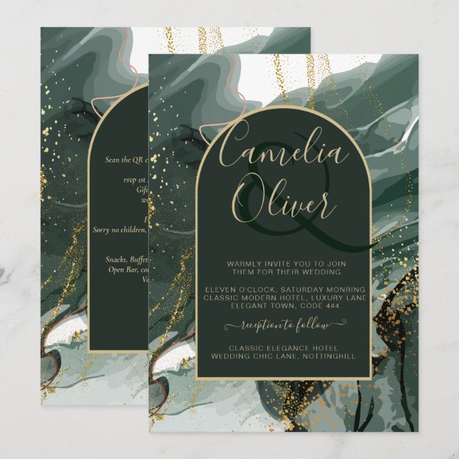 Modern Emerald Grönt Guld Agate Marble BRÖLLOP Inbjudningar (Fram/baksida)