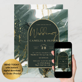 Modern Emerald Grönt Guld Agate Marble BRÖLLOP Inbjudningar